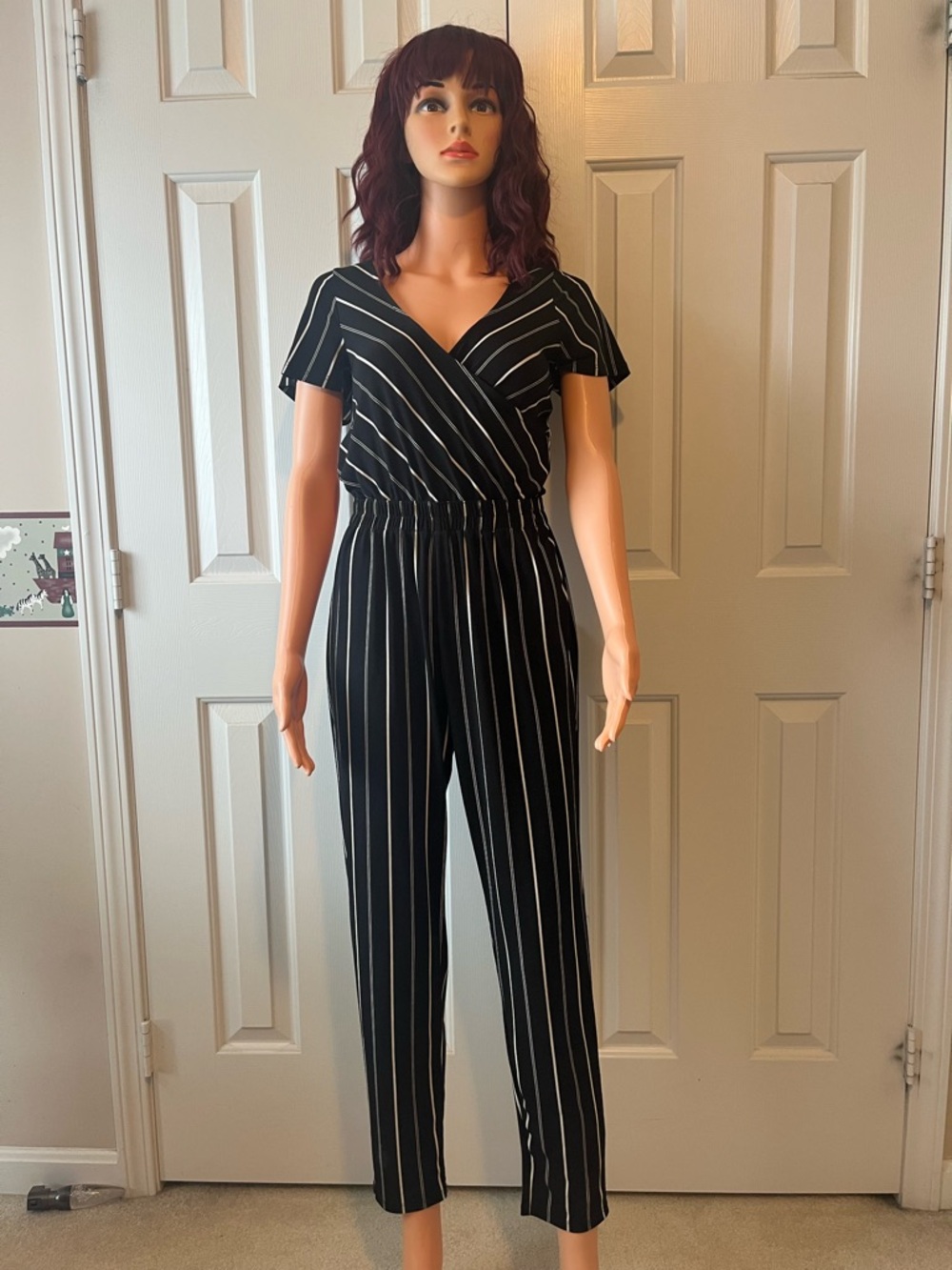 Express Black & White Striped Wrap-Front Jumpsuit